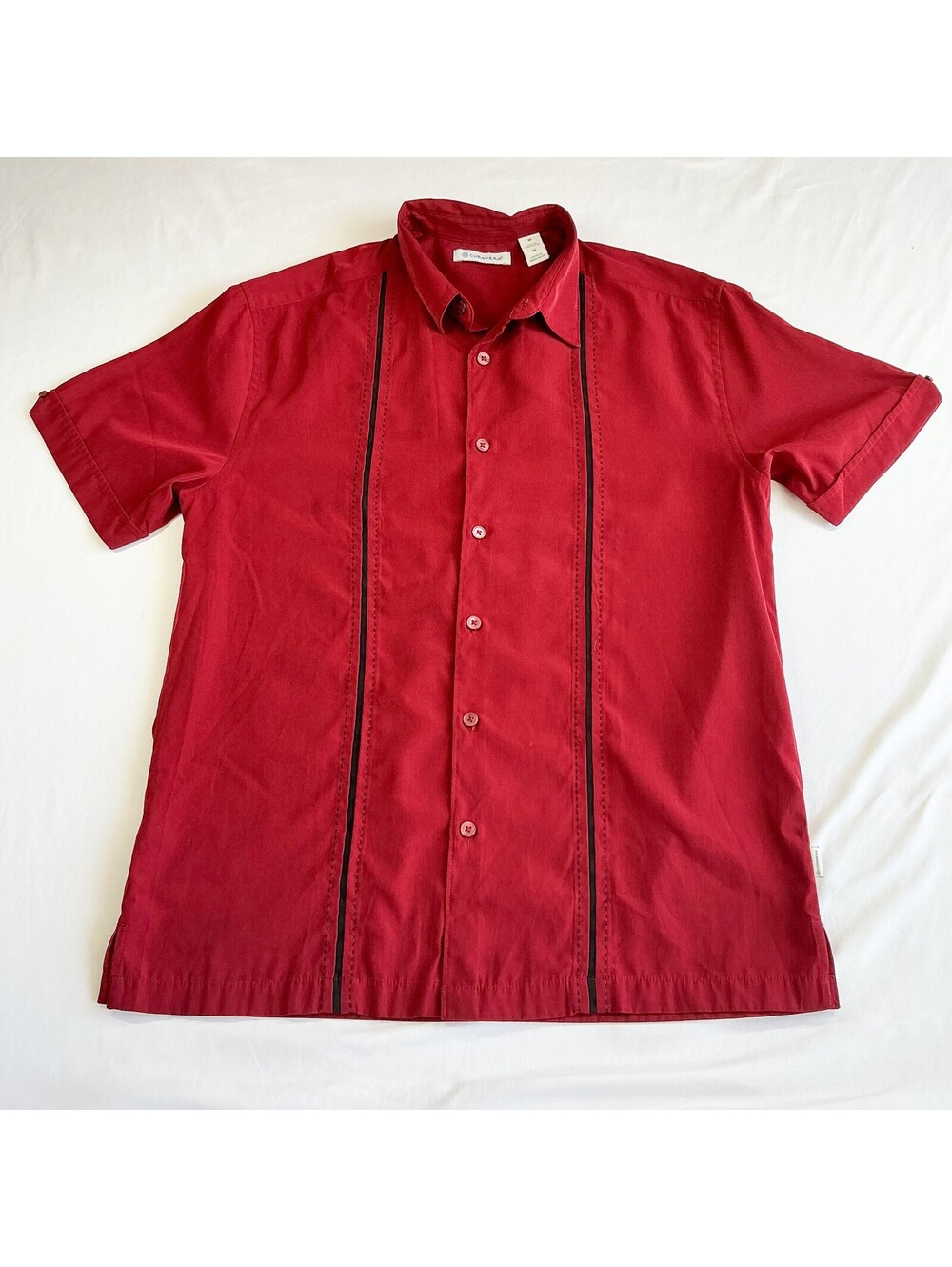 Cubavera Red Short Sleeve Button-Up Grandpa Shirt with Black Trim Detail Med